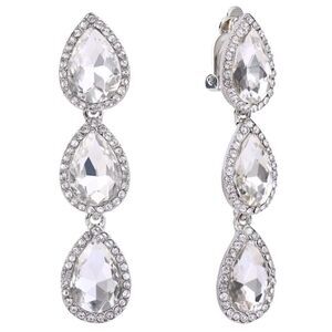 Silver with White Diamond Austrian Crystal Dangle Statement Clip On Earrings